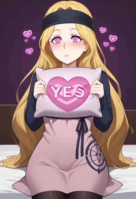 Chihaya hypnotized to agree,
score_9, source anime, lewd, 1girl,
mind control, hypnotized, mind control jewelry, glowing jewelry, slack jaw, blank stare, expressionless,
yes, yes-pillow, heart, pink pillow, yes-no pillow, on bed,
chihayap5, very long hair, blonde hair, headband, shirt, dress, black pantyhose