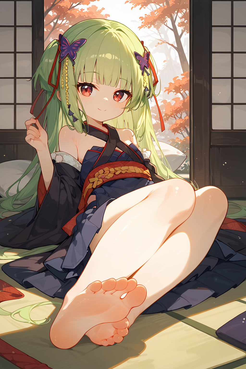 (score_9,score_8_up,score_7_up),<lora:congyu(Senren Banka)-v1:1>,congyu(Senren*Banka),1girl,solo,long hair,hair ornament,green hair,barefoot,on stomach,lying,smile,butterfly hair ornament,japanese clothes,skirt,ribbon,looking at viewer,hair ribbon,the pose,bangs,bare shoulders,indoors,red eyes,legs up,pleated skirt,kimono,blunt bangs,feet,soles,detached sleeves,sliding doors,pillow,sash,blue skirt,blush,closed mouth,
good feet,anime,NSFW,expressive,amazing quality,ultra hd 32k,