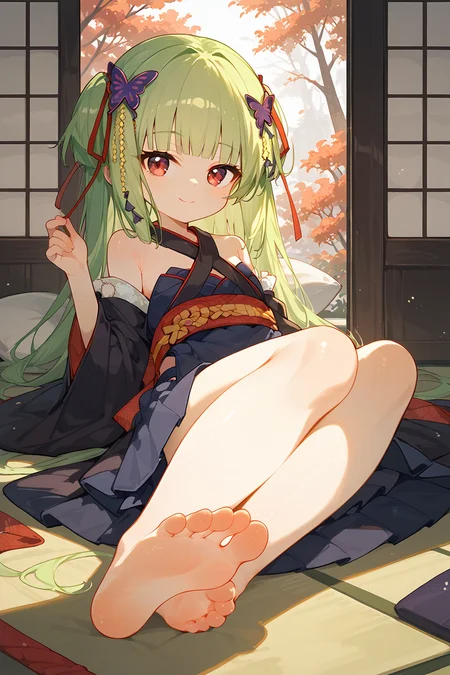 (score_9,score_8_up,score_7_up),<lora:congyu(Senren Banka)-v1:1>,congyu(Senren*Banka),1girl,solo,long hair,hair ornament,green hair,barefoot,on stomach,lying,smile,butterfly hair ornament,japanese clothes,skirt,ribbon,looking at viewer,hair ribbon,the pose,bangs,bare shoulders,indoors,red eyes,legs up,pleated skirt,kimono,blunt bangs,feet,soles,detached sleeves,sliding doors,pillow,sash,blue skirt,blush,closed mouth,
good feet,anime,NSFW,expressive,amazing quality,ultra hd 32k,