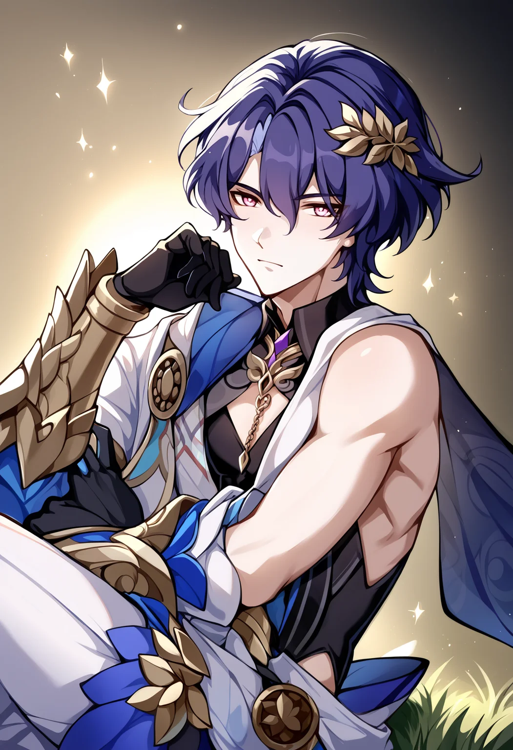cinematic film still score_9, score_8_up, score_7_up, score_6_up, score_5_up, score_4_up, <lora:intricate_details:0.5> intricate_details_xl, cowboy shot, profile picture,
BREAK
<lora:Honkai_Impact_Dr_Ratio_v1:1> 1boy, solo, Dr. Veritas Ratio, Dr. Ratio, honkai: star rail, yellow pupils, solo, 1boy, male focus, gloves, short hair, pectoral cleavage, blue hair, pectorals, hair between eyes, looking at viewer, shirt, pink eyes, yellow background, gradient background, abstract background, (skinny:0.3), sitting, grass, . shallow depth of field, vignette, highly detailed, high budget, bokeh, cinemascope, moody, epic, gorgeous, film grain, grainy