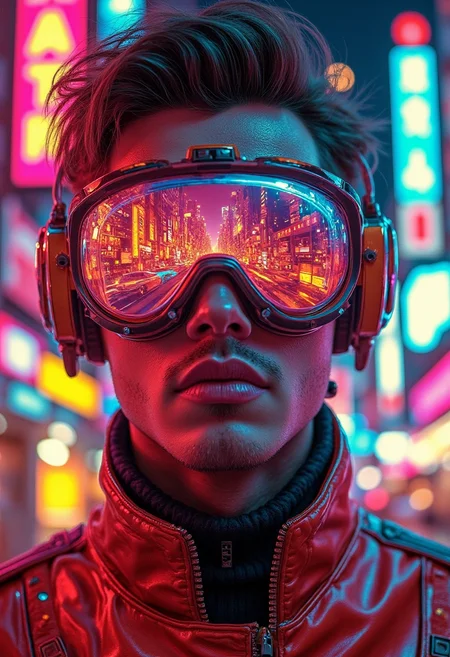 yfg-f@ce, Movie still from an abstract retro future movie, A portrait of a man in 1950s attire, rendered in vibrant, saturated hues reminiscent of classic Technicolor films. His face is partially obscured by a shimmering, translucent visor that reflects a futuristic cityscape bathed in neon lights. Geometric shapes and abstract patterns swirl around him, hinting at a technologically advanced society. The background is a blur of motion, suggesting a bustling metropolis with flying vehicles and towering chrome structures. The overall style evokes a sense of optimism and wonder, tinged with a hint of mystery. The composition is dynamic and eye-catching, capturing a moment of contemplation amidst the chaos of the future.