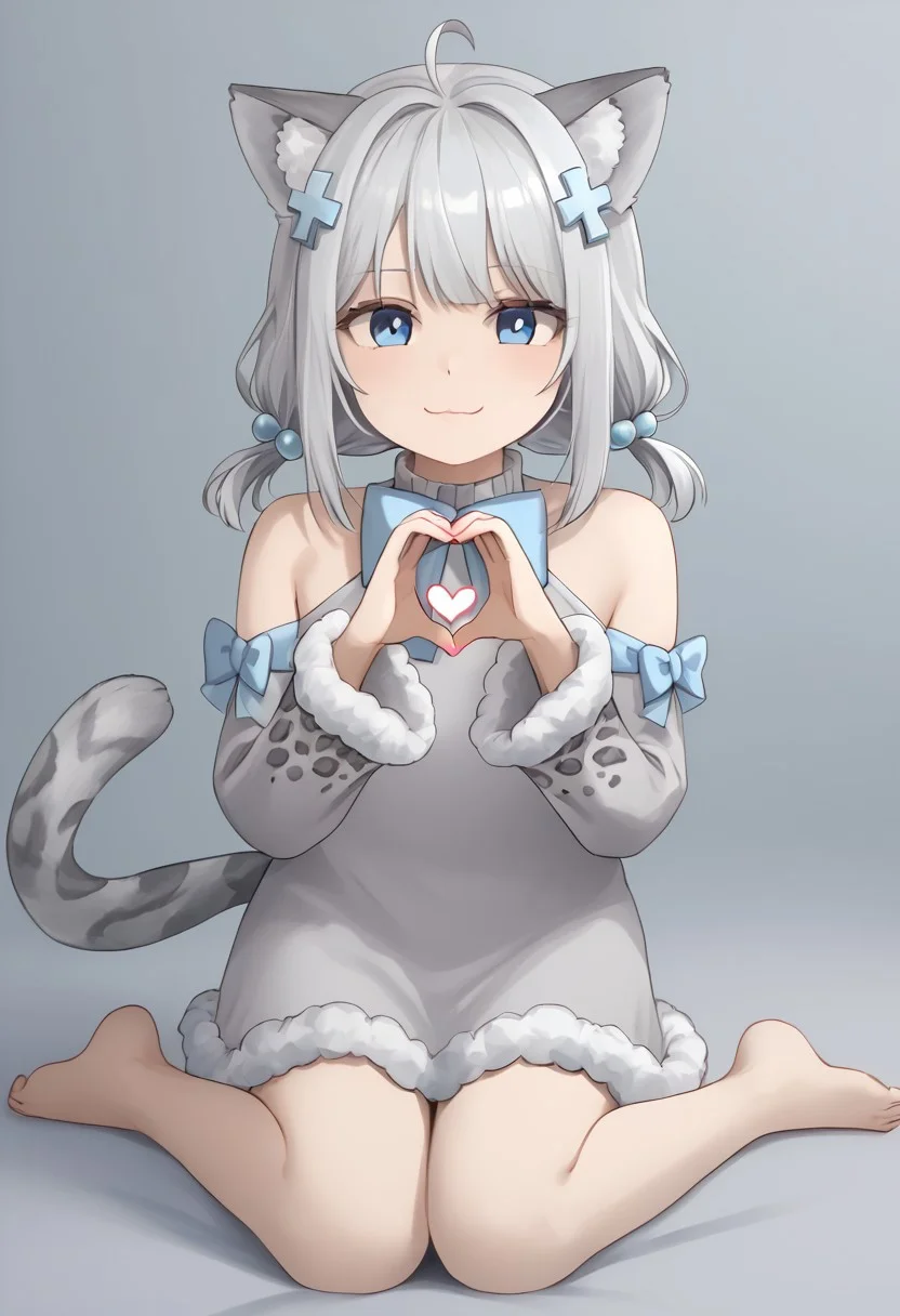 1girl, solo, FuuraYuri1st, blue eyes, animal ear fluff, ahoge, grey hair, white hair, bangs, low twintails, hair ornament, leopard tail, leopard ears, hair bobbles, short twintails, blue bow, dress, fur trim, bare shoulders, long sleeves, detached sleeves, white dress, fur-trimmed sleeves,
wariza, full body, bare legs, barefoot, heart shaped hands, hands up