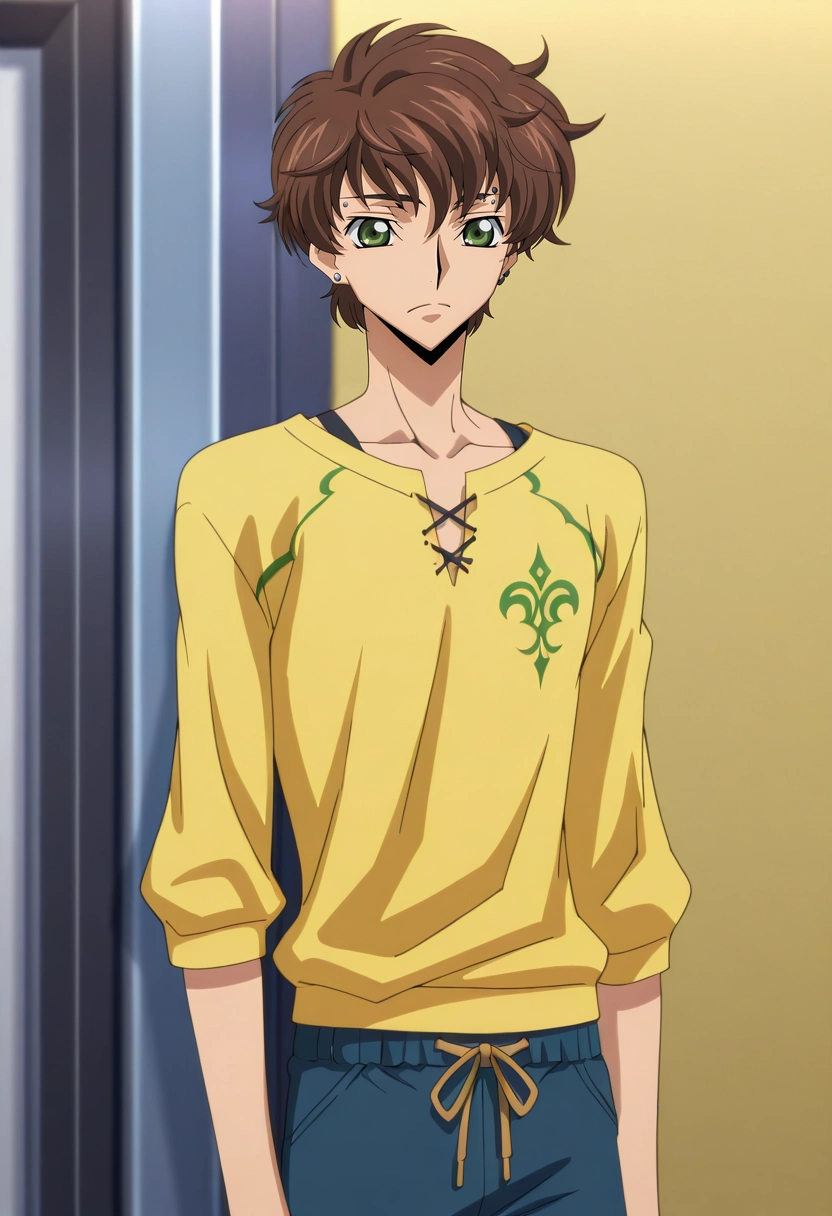 masterpiece, best quality, intricate details, anime screencap, anime coloring, official style, , 1boy, solo, male focus, <lora:suzaku_kururugi_ilxl:1>, suzaku_kururugi, brown hair, green eyes, , , Goldenrod Tie-dye Chambray Hiking shorts, DeepTurquoise Sweatshirt, , , eyebrow Piercings