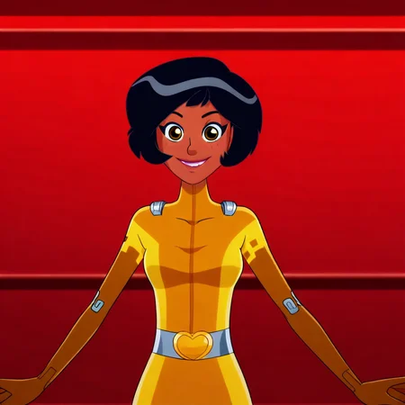 cartoon, totally_spies_2k24, 1girl, solo, alex, black hair, brown eyes, dark-skinned female, yellow bodysuit, smile, happy, looking at viewer