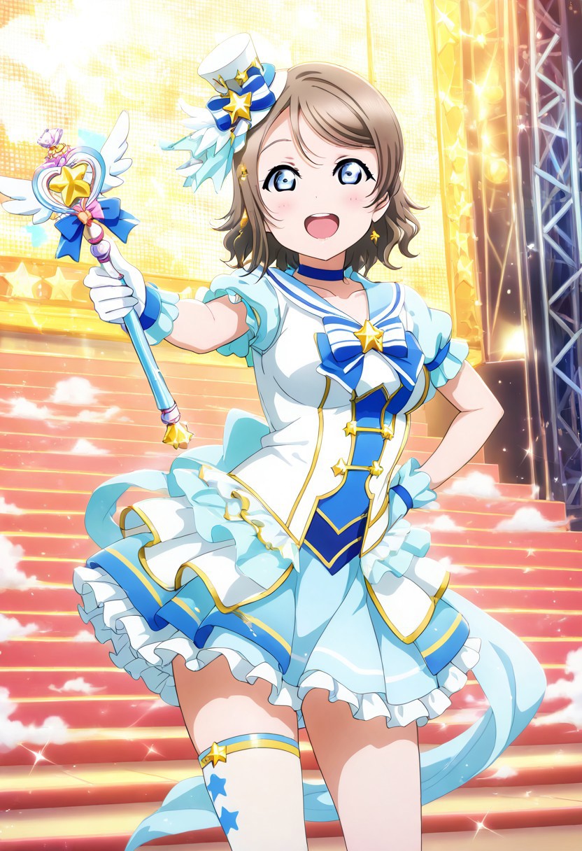 masterpiece, best quality, solo, 1girl, aged up, happy, medium breasts, 
 you_watanabe, watanabe_you, blue eyes, brown hair, short hair, swept bangs, magical girl idol outfit, light blue and silver dress, star-shaped accessories, sparkling wand, stage surrounded by glowing clouds and rainbow beams, confident pose with one hand on hip, dazzling and brave performance