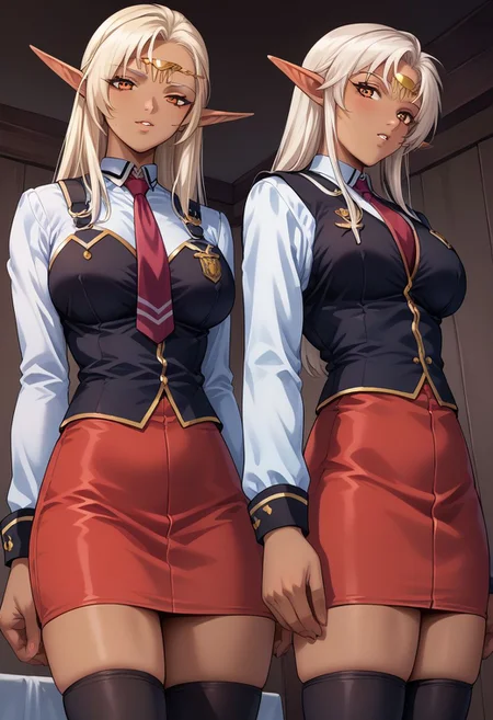 score_9, score_8_up, score_7_up, source_anime, <lora:Degen_Pirotess_v1-000007:1> pirotess, circlet, <lora:bible_black_uniform_xl_v3:0.8> school uniform, white shirt, black vest, black thighhighs, red skirt, red necktie, dark elf,
