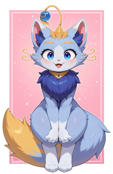 <lora:Yuumi_League_of_Legends_-_Illustrious:1> yuumi-default, antennae orb, 1girl, furry female, anthro female, fluffy tail, solo, happy, looking at viewer, newest, perfect quality, absolutely eye-catching