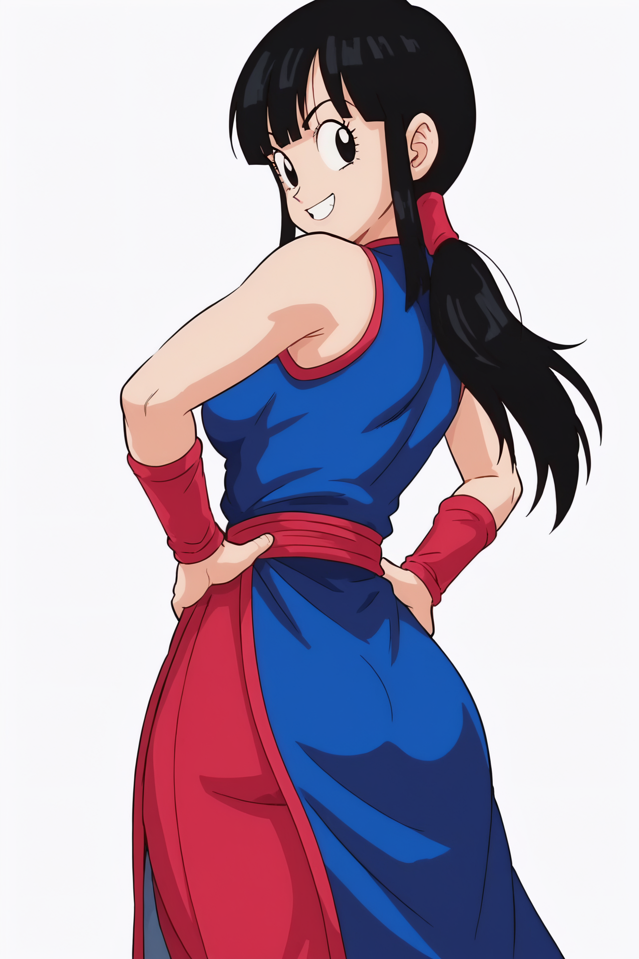 source_anime, score_9, score_8_up, score_7_up, anime screencap,8k, absurdres, 
chi-chi, 1girl, solo, long hair, breasts, looking at viewer, smile, bangs, simple background, black hair, white background, blue dress, bare shoulders, medium breasts, ponytail, sidelocks, sleeveless, looking back, red pants, blunt bangs, black eyes, eyelashes, chinese clothes, red wristband, china dress, hands on hips, (from behind)
 <lora:chichi_pony_v1:0.8>