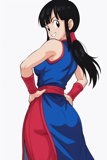 source_anime, score_9, score_8_up, score_7_up, anime screencap,8k, absurdres, 
chi-chi, 1girl, solo, long hair, breasts, looking at viewer, smile, bangs, simple background, black hair, white background, blue dress, bare shoulders, medium breasts, ponytail, sidelocks, sleeveless, looking back, red pants, blunt bangs, black eyes, eyelashes, chinese clothes, red wristband, china dress, hands on hips, (from behind)
 <lora:chichi_pony_v1:0.8>