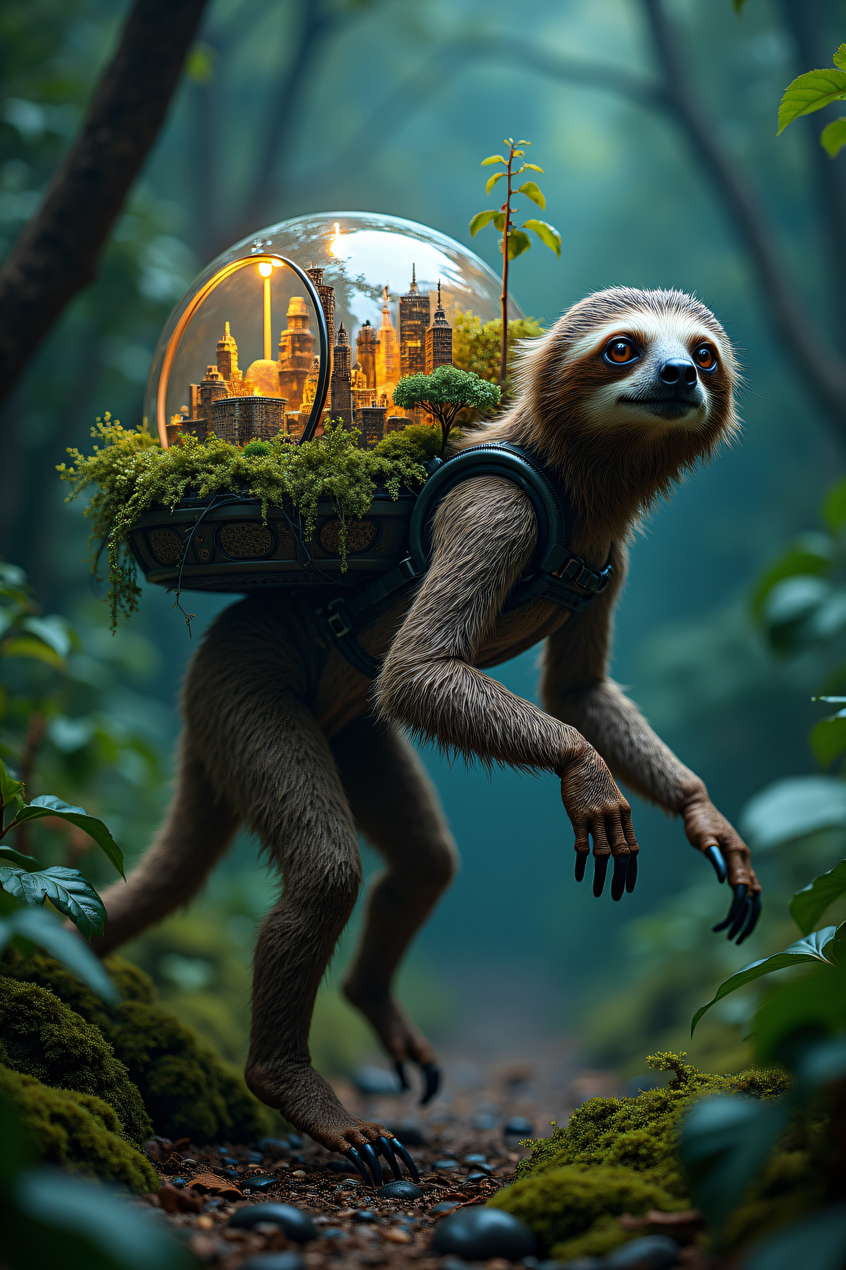 national geographic under earth photography of an sloth that is jumping in the night jungle, he transport a glass terrarium with a miniture city on his back, realistic, mechanical vegetal cyborg, futuristic robot organisms, steampunk robot sloth, steampunk animal