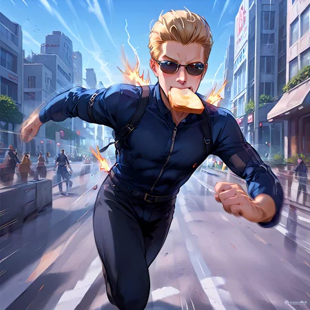 score_9, score_8_up, score_7_up, score_6_up, source_anime,<lora:albertwesker-guy-PONYv1:0.7> albertwesker, toned, athletic, fit, slicked back hair, mature male, sunglasses, long sleeves, blonde, black clothes, <lora:Running_with_food_in_mouth:1> running with food in mouth, outdoors, street, toast, <lora:sparks-xl-v2:0.8> sparks <lora:Superspeed:0.6> electricity, motion blur, city, street, super speed, speed lines,