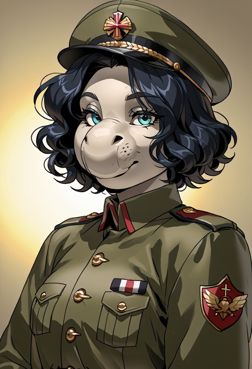 score_9, score_8_up, score_7_up, (by jailbird:1.5), (by kittydee:1.5), (by zummeng:1.5), masterpiece, best quality, (solo),  
(Furry Art: anthro: elephant seal:1.5), expressive eyes, <lora:beautiful_detailed_eyes:1>, perfect face, seal, male, large proboscis nose,  (black hair:1.5), (short hair), (one eye covered by hair), small breasts, (army general uniform:1.5), (army general hat:1), (army medals),