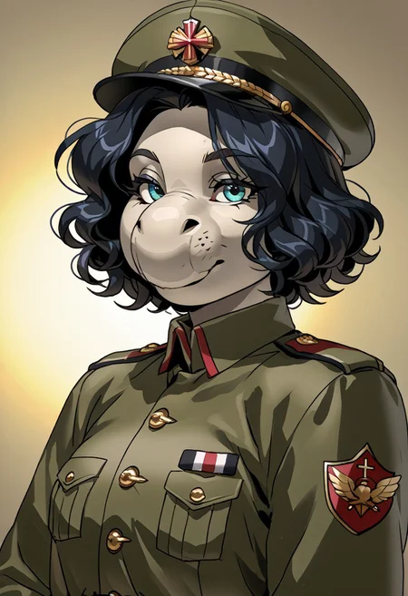 score_9, score_8_up, score_7_up, (by jailbird:1.5), (by kittydee:1.5), (by zummeng:1.5), masterpiece, best quality, (solo),
(Furry Art: anthro: elephant seal:1.5), expressive eyes, <lora:beautiful_detailed_eyes:1>, perfect face, seal, male, large proboscis nose, (black hair:1.5), (short hair), (one eye covered by hair), small breasts, (army general uniform:1.5), (army general hat:1), (army medals),