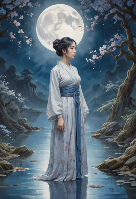 (WaterColour paint effect), -Hanama wine, 1girl, moon, long hair, solo, black hair, dress, branch, hair bun, flower, reflection, chinese clothes, hair ornament, jewelry, bird, earrings, full moon, water, white dress, holding flower, holding, long sleeves, closed eyes, single hair bun, ripples, sky, looking down, full body,anime, <lora:Paint_Effects_SDXL_-_By_DICE:0.7>score_9, score_8_up, score_7_up, 1girl, solo, long hair, breasts, looking at viewer, large breasts, dress, blue hair, standing, braid, thighs, japanese clothes, Happy Mother's Day to any mom who is no longer alive, style of Daniel Merriam, Josephine Wall, Catherine Abel.
Modifiers:
bokeh extremely detailed fantasy intricate 8k masterpiece very attractive beautiful award winning fantastic view hyperrealistic acrylic art magical complex deep color Bold colors warm light