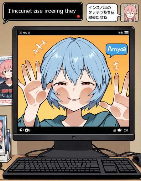 masterpiece, best quality, straight-on, 1girl inside monitor, ayanami rei,  pc, (anya's heh face \(meme\)),  cheek on glass, sound effects, anime poster \(object\),keyboard \(computer\), webcam, hand on glass, user interface,chat log, +++,smile,elegance,innocent