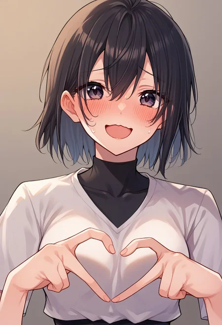 zPDXL3, score_9_up, score_8_up, score_7_up, (Anime_source), 1girl, JunShiosato-artstyle, dark eyes, black hair, short hair, black body suit, white shirt, smile, open mouth, little blush, 4-finger heart hands, heart hands, nervous, looking aside, sweat drops, happy, cowboy shot, wavy mouth