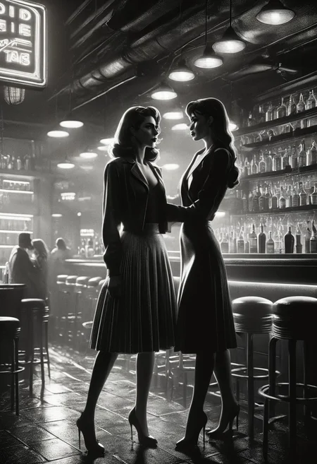 score_9, score_8_up, score_7_up, score_6_up, 2 girls, hugging, hugged from behind, mad-sincity, noir, monochrome, very aesthetic, masterpiece, best quality, highres, absurdres, cinematic lighting, dynamic angle, detailed, intricate details, perfection,
BREAK,
2girls, ((duo)), 24yo, beautiful face, full lips, long hair, medium breasts, nightclub,
BREAK,
short skirt, crop top, waitress, sweater
in a crowded bar, people in the background,
