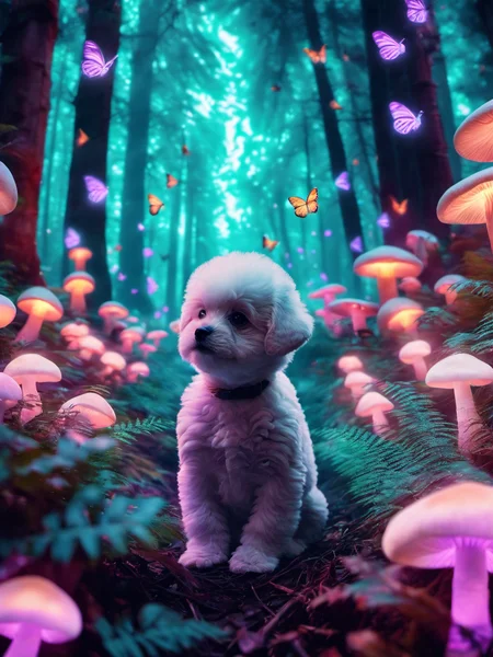 pet portrait of 1 chubby bichon puppy facing camera in a glowing forest with glowing mushrooms and glowing butterflies, hd, pet photography, full body portrait, distant portrait <lora:glowing_forest_pet_portrait-000004:1>