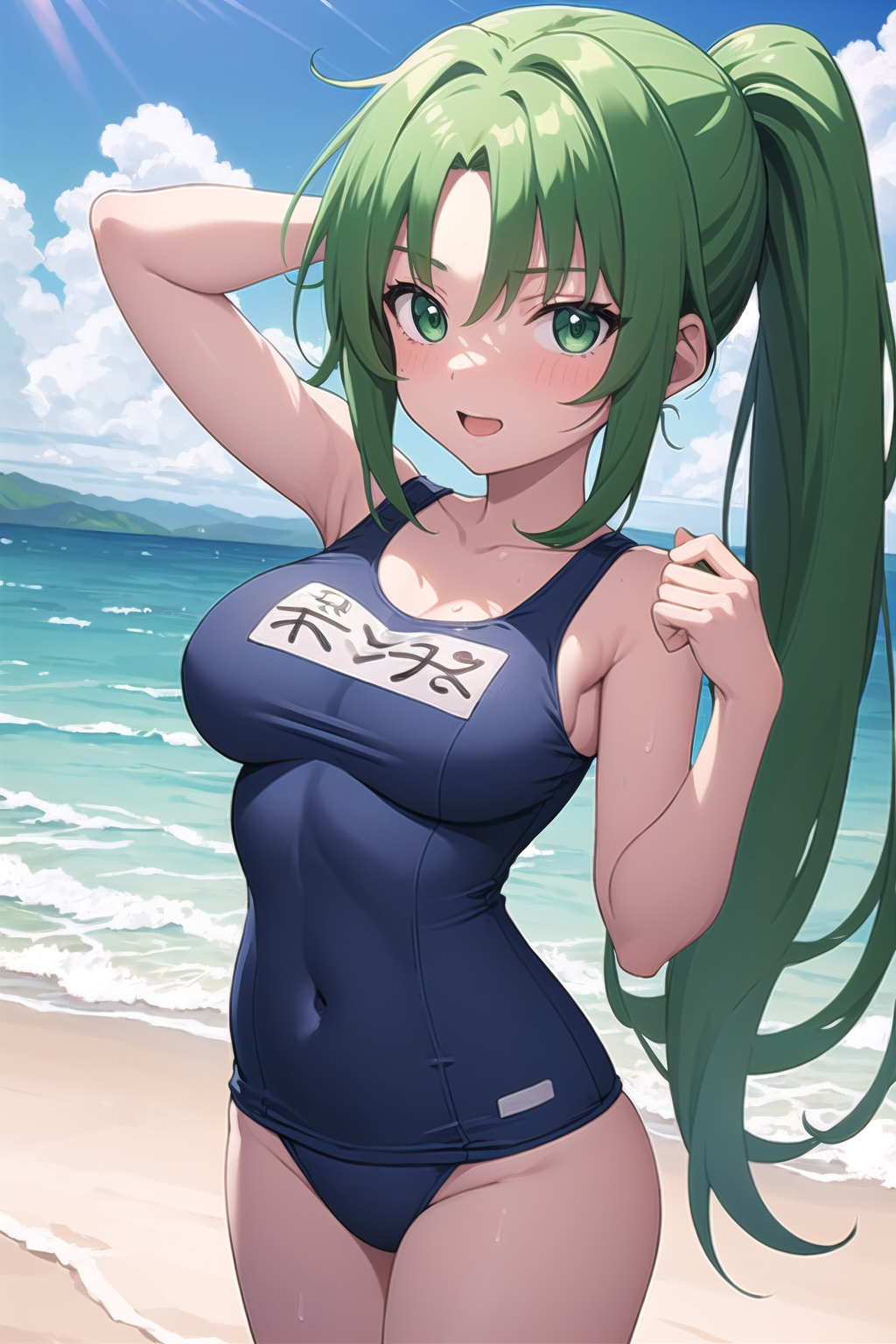 masterpiece, best quality, 1girl, Mion Sonozaki, green eyes, ponytail, school swimsuit, beach,