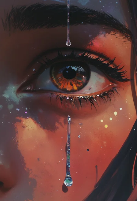 A hyper-realistic photograph with extreme detailing, capturing a striking close-up of a single eye with tears streaming down a freckled cheek. The iris is an intense, almost luminescent amber with intricate golden striations, while the pupil is a deep obsidian black, creating a mesmerizing contrast. The eyelashes, thick and delicately curled, shimmer in a rich midnight purple hue, standing out vividly against the surrounding skin. The skin is warm, deep bronze with extreme pigmentation and a constellation of rich, dark freckles perfectly placed across the cheek and brow, adding depth and natural imperfection. The tear-streaked texture is flawlessly detailed, with micro-pores, fine lines, and the soft sheen of moisture reflecting light in a lifelike manner.
The background is an ethereal blend of smoky charcoal and soft violet, subtly fading into an inky black at the edges, creating a dramatic, almost cinematic depth. The tears are rendered with glass-like transparency, clinging momentarily before trailing down the cheek in shimmering rivulets, catching ambient light in a way that enhances the emotional intensity of the image. Every element, from the hyper-detailed reflection in the eye to the interplay of light and shadow on the wet skin, is crafted to evoke raw emotion and unparalleled realism.