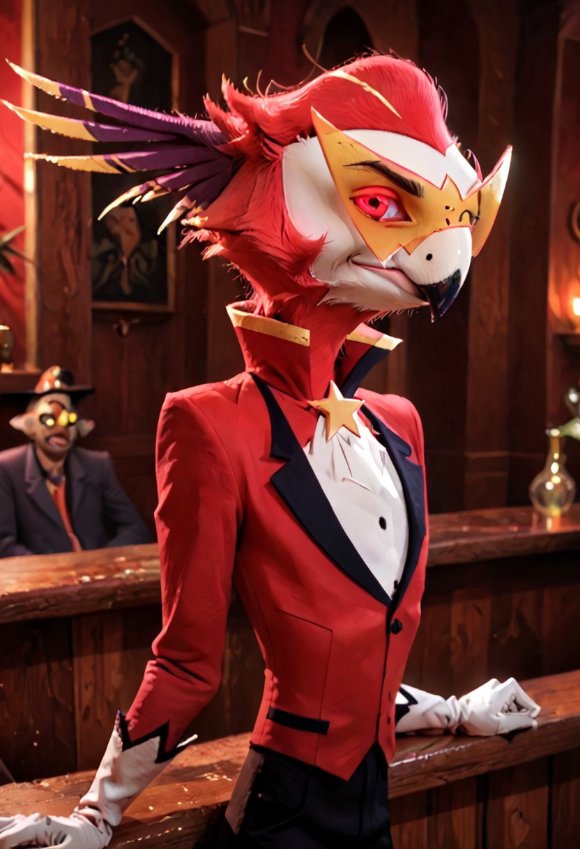 male focus, solo focus, solo, score_9, score_8_up, score_7_up, <lora:HelluvaBossVassagoV1:1> 1boy, HelluvaBossVassagoV1, bird, furry male, furry, bird, parrot, parrot head, beak, Furry Bird, feathers, white gloves, mask, looking at viewer, smile, happy,