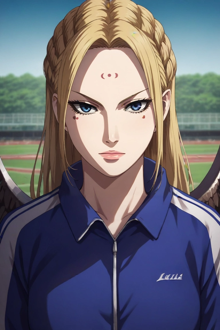 score_9, score_8_up, score_7_up, source_anime, rating_safe, , (realistic:0.6), looking at viewer, depth of field, 1girl, solo, <lora:yang_duanhe_pony:0.86>, yang_duanhe, blonde hair, blue eyes, long hair, facial mark, forehead mark, braid, , track suit, wings, kneehighs, <lora:sdxl_lightning_8step_lora:1>