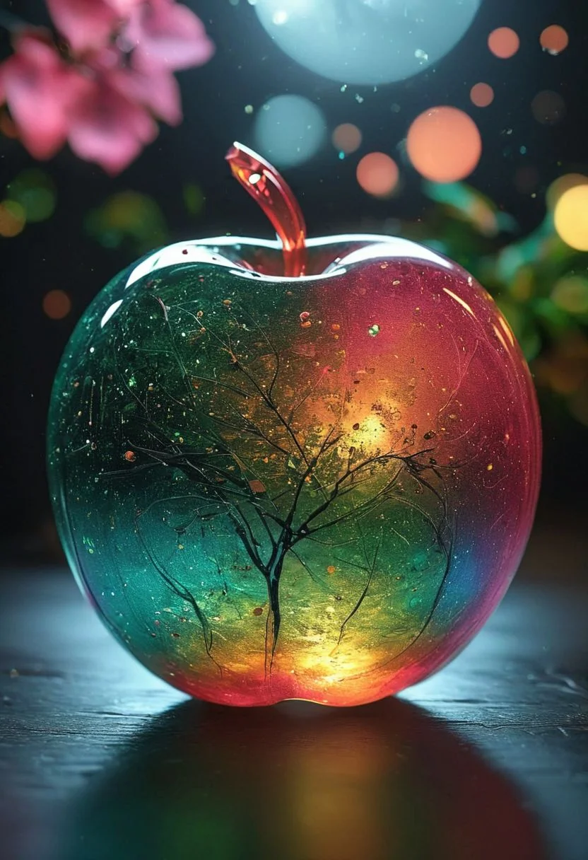 There a glass Apple sculpture, concealed inside is a picture of a beautiful Japanese landscape inside of it with pink trees and falling leaves, in the dark, detailed image, 8k, 8k high quality detailed art, the moon, perfect sphere, amazing wallpaper, digital painting highly detailed, 8 k hd detailed oil painting, beautiful art uhd 4 k, focus on glass apple, close up, bokeh, unfocused counter top background Modifiers: extremely detailed Award winning photography fantasy studio lighting photorealistic very attractive beautiful imperial colors ultra detailed 4K 3D hdr very cute
