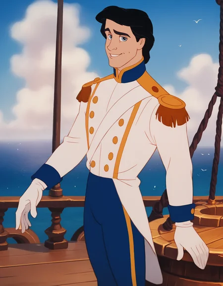 score_9, score_8_up, score_7_up, Prince_Eric_LTM, 1boy, black hair, light-blue eyes, white tailcoat, knee-length jacket tails, dark blue pants, gold epaulettes, white baldric, black boots, blue collar and cuffs, white gloves, gold embroidery, massive gold buttons, solo, standing, on a fantasy wooden ship, in the sea, looking at viewer, best quality, much detailed, high resolution, Expressiveh, zPDXL3, <lora:Prince_Eric_LTM:1>, <lora:Smooth Anime Style LoRA XL:0.8>, <lora:Expressive_H:0.6>, <lora:add-detail-xl:0.8>, <lora:zPDXL3:1>âââ