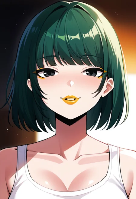 score_9, score_8_up, score_7_up, score_6_up, solo RAW photo, Bo Wei Style, source_anime, lineart, volumetric lighting, natural, close up shot, bokeh, (Masterpiece, Best Quality, Highres:1.2), best quality, absurdres, Cinematic Lighting,
BREAK
<('1girl': ('young'+'green hair'+'carefree'+'bob cut'+'bangs'+'white tank top'+'eyeliner'+black eyes+'orange lipstick'),
((korean))))>,