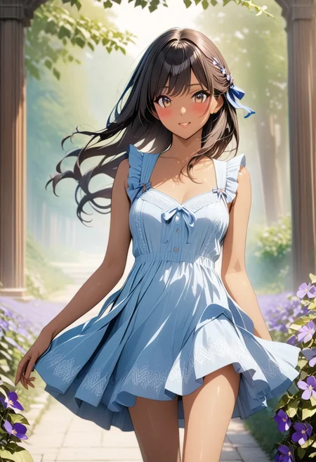 gorgeous lips, cinematic, (masterpiece), (best quality), (ultra-detailed), very aesthetic, illustration, perfect composition, intricate details, absurdres, detailed face, (anime, masterpiece, intricate:1.3), (best quality, hires textures, high detail:1.2), brown eyes,
1girl, brown skin, tan skin, very long black hair, wavy hair,medium breasts, perfecteyes, 8k, highest quality, ultra details,1girl, solo(,blue frilly sleeveless sundress with bows and ribbons:1.2), blue hair ribbon, surrounded by violets, dancing, hill covered in violets, spring season, cinematic lighting, hair blowing in the wind, dress blowing in wind, blush, smile, happy, falling flower petals ,violets in hair, violets cover the entire ground, flower petals blowing in the wind, (from front:1.4), photoshoot