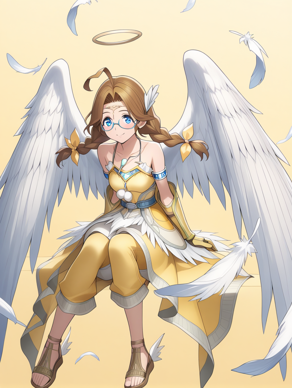 perfect quality,best quality,absolutely eye-catching,ambient occlusion,raytracing BREAK
1girl,<lora:sara IL v1.1:0.8>,sara,blue eyes,twin braids,ahoge,hair ornament,glasses,angel wings,yellow dress,armband,gauntlets,bare shoulders,feathers,sandals,white puffy short pants,yellow leggings,smile,, from_outside,close-up,prone_bone,pointing,waving_arms,sitting_backwards,