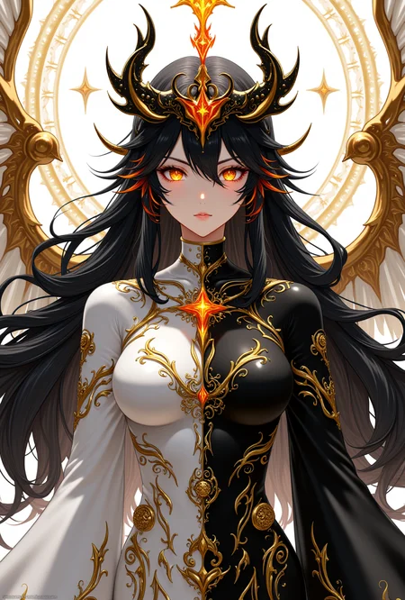 Newanimecore, anime. A regal anime female figure split symmetrically—left side glossy black, right side ivory white—both adorned with intricate golden filigree. She has glowing orange slit-pupil eyes and long black hair tipped with fiery orange strands. A dark, ornate crown-helmet with sharp, golden thorns extends outward, forming mechanical wing-like structures behind her. Her body is smooth, sculptural, and biomechanical, with gold patterns flowing like divine circuits. The style blends dark fantasy, divine elegance, and baroque mecha aesthetics.