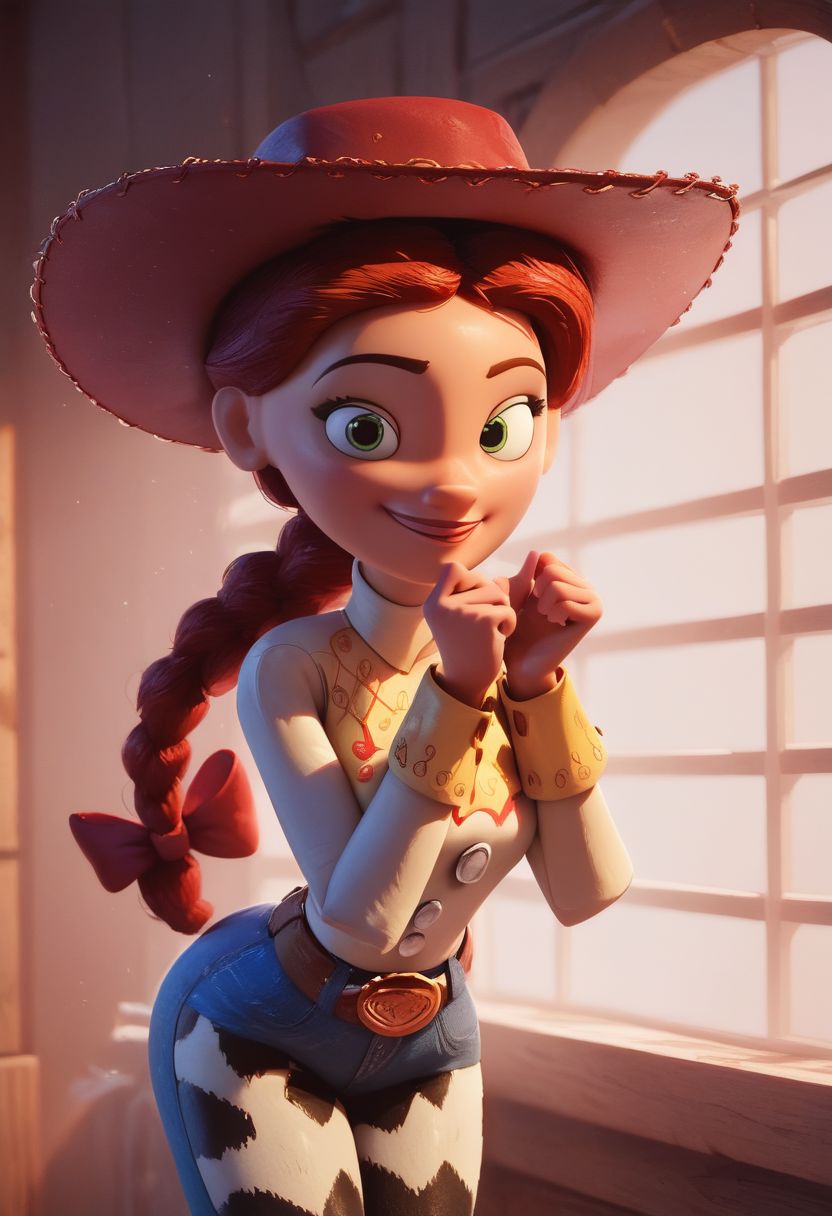 score_9, score_8_up, score_7_up, score_6_up, score_5_up, score_4_up, 1girl, jessie from Toy Story, closeup portrait, Andy s room, looking at viewer, big smile, soft cozy warm lighting, narrow hips, source_pixar, 3D animation, cowboy hat, red hair, braid, bow, belt, cow print chsps, bootleg jeans, boots, (((round face))), JessieXLP