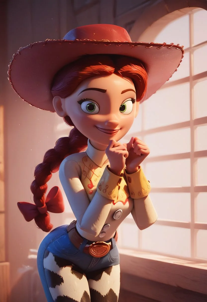 score_9, score_8_up, score_7_up, score_6_up, score_5_up, score_4_up, 1girl, jessie from Toy Story, closeup portrait, Andy s room, looking at viewer, big smile, soft cozy warm lighting, narrow hips, source_pixar, 3D animation, cowboy hat, red hair, braid, bow, belt, cow print chsps, bootleg jeans, boots, (((round face))), JessieXLP
