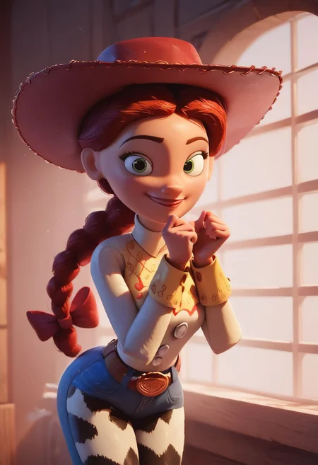 score_9, score_8_up, score_7_up, score_6_up, score_5_up, score_4_up, 1girl, jessie from Toy Story, closeup portrait, Andy s room, looking at viewer, big smile, soft cozy warm lighting, narrow hips, source_pixar, 3D animation, cowboy hat, red hair, braid, bow, belt, cow print chsps, bootleg jeans, boots, (((round face))), JessieXLP