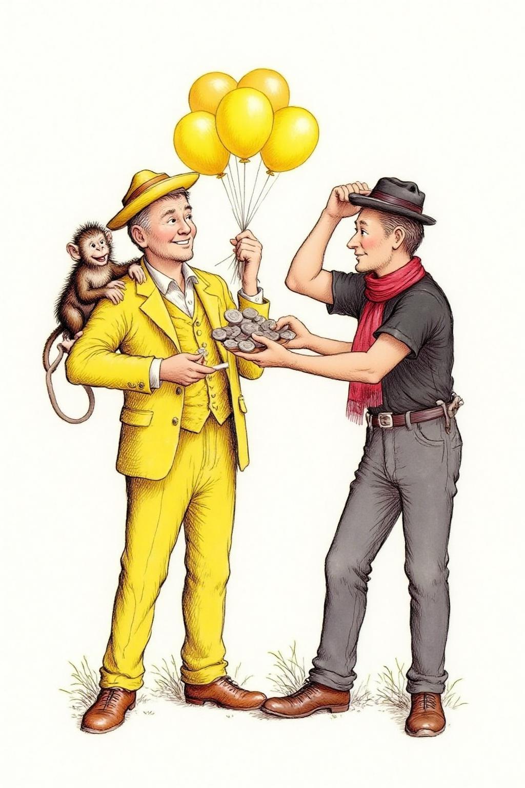 gawi1 illustration. 
On the left, a man dressed in a bright yellow outfit with a large, wide-brimmed yellow hat is holding a bouquet of balloons in the same bright yellow color. He is smiling and handing a small, playful monkey perched on his shoulder a balloon. The man is giving some coins to another man on the right. The man on the right is wearing a black shirt and red scarfs. He is holding his black hat above his head. 
 <lora:gawi1_cap_d6a3e12:1.0><lora:827369486433726587:0>