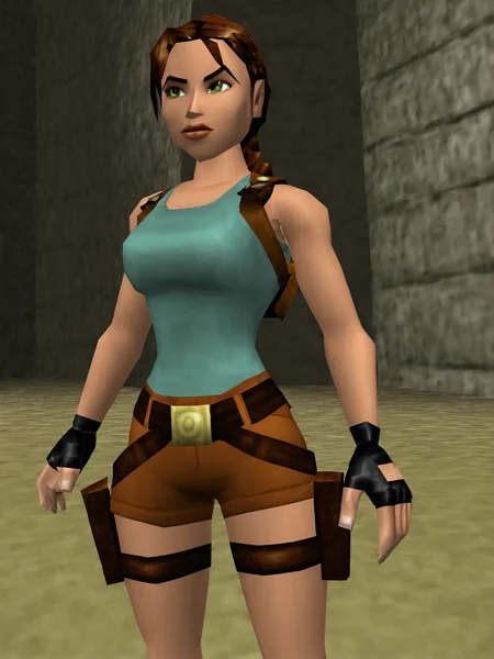 [3D:low poly:0.3], 1girl, solo,
PonyCroft, single braid, (brown_eyes:0.5), teal tanktop, shorts, fingerless gloves, straps, thigh holster, [large:triangular:0.3] boobs,
<lora:Ocarina64:0.6>
<lora:Lara_Croft:0.8>