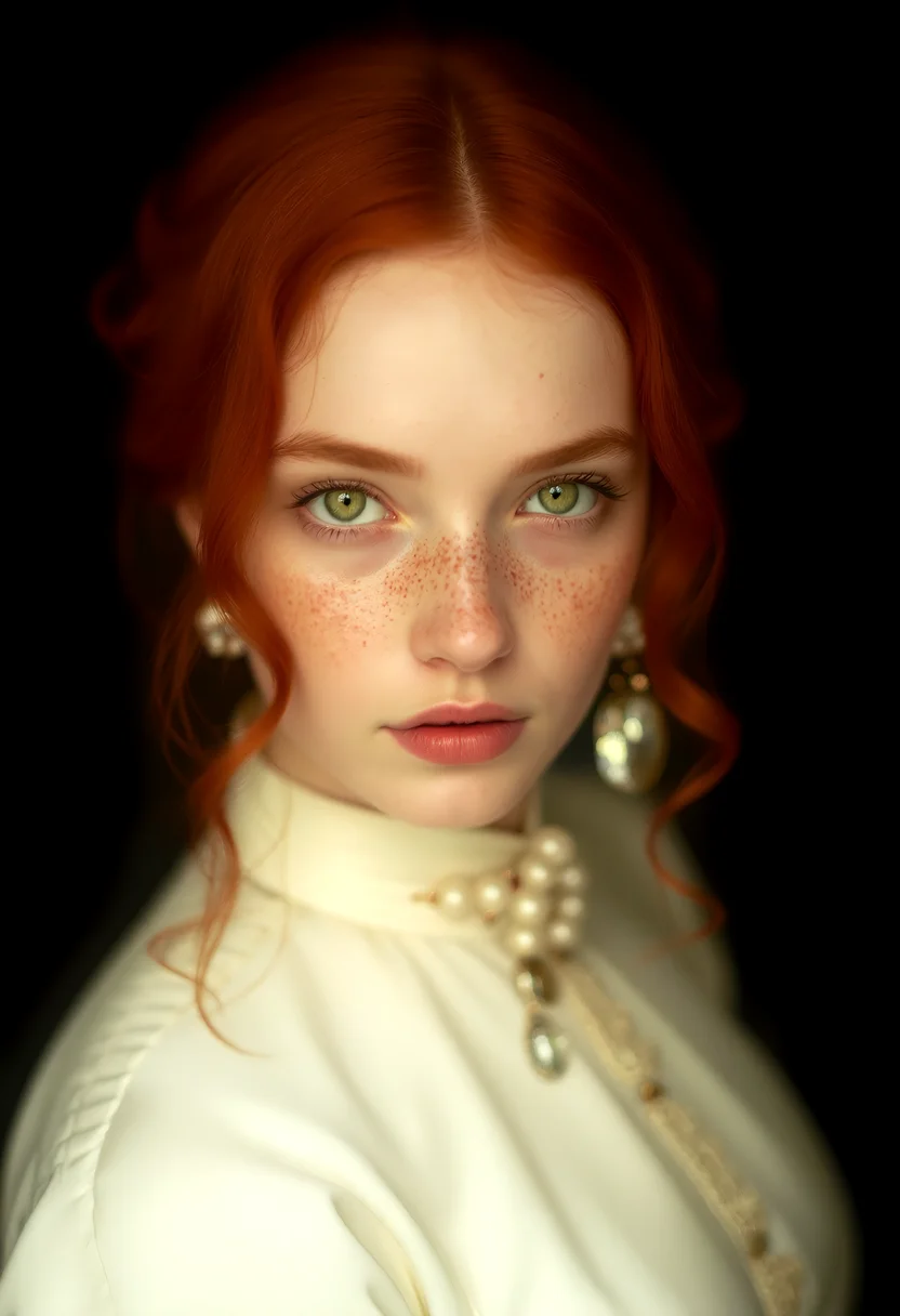 A captivating portrait emerges, featuring a young woman with an intense gaze, her green eyes locking with the viewer's. Her red hair, parted lips, and freckles are accentuated by a simple black background, creating a striking contrast. Dressed in a pristine high neck victorian ivory dress and adorned with elegant jewelry, she exudes a timeless beauty. This photorealistic image, with its attention to detail and natural lighting, showcases the woman's allure and the artist's skill, leaving viewers enthralled by her presence and the story it tells. <lora:flux/flux realism lora.safetensors:1.0>, <lora:peeps/Pretty Emotional Faces FLUX-000001.safetensors:1.0>, pretty, emotional, face,âââ <lora:flux/ARTifacts.safetensors:1.0>,