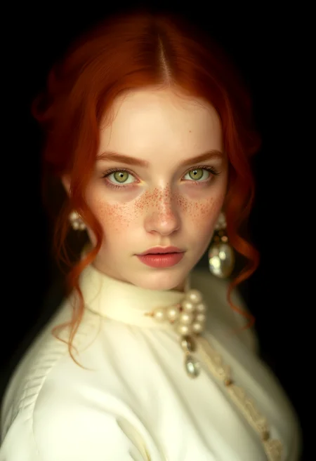 A captivating portrait emerges, featuring a young woman with an intense gaze, her green eyes locking with the viewer's. Her red hair, parted lips, and freckles are accentuated by a simple black background, creating a striking contrast. Dressed in a pristine high neck victorian ivory dress and adorned with elegant jewelry, she exudes a timeless beauty. This photorealistic image, with its attention to detail and natural lighting, showcases the woman's allure and the artist's skill, leaving viewers enthralled by her presence and the story it tells. <lora:flux/flux realism lora.safetensors:1.0>, <lora:peeps/Pretty Emotional Faces FLUX-000001.safetensors:1.0>, pretty, emotional, face,âââ <lora:flux/ARTifacts.safetensors:1.0>,