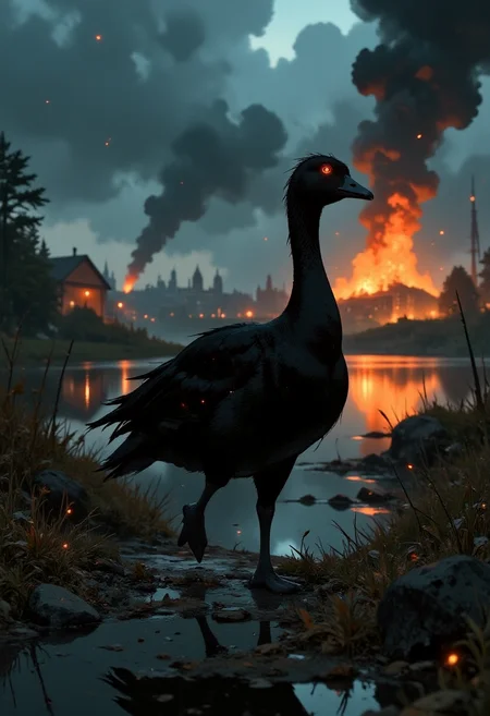 A highly detailed digital painting of lonely black cute goose walking towards the viewer. The goose's eyes are red, and have an ominous red glow. A farm is in flames on the background. The scene has dark clouds with rain and fog making it an ominous sight. 