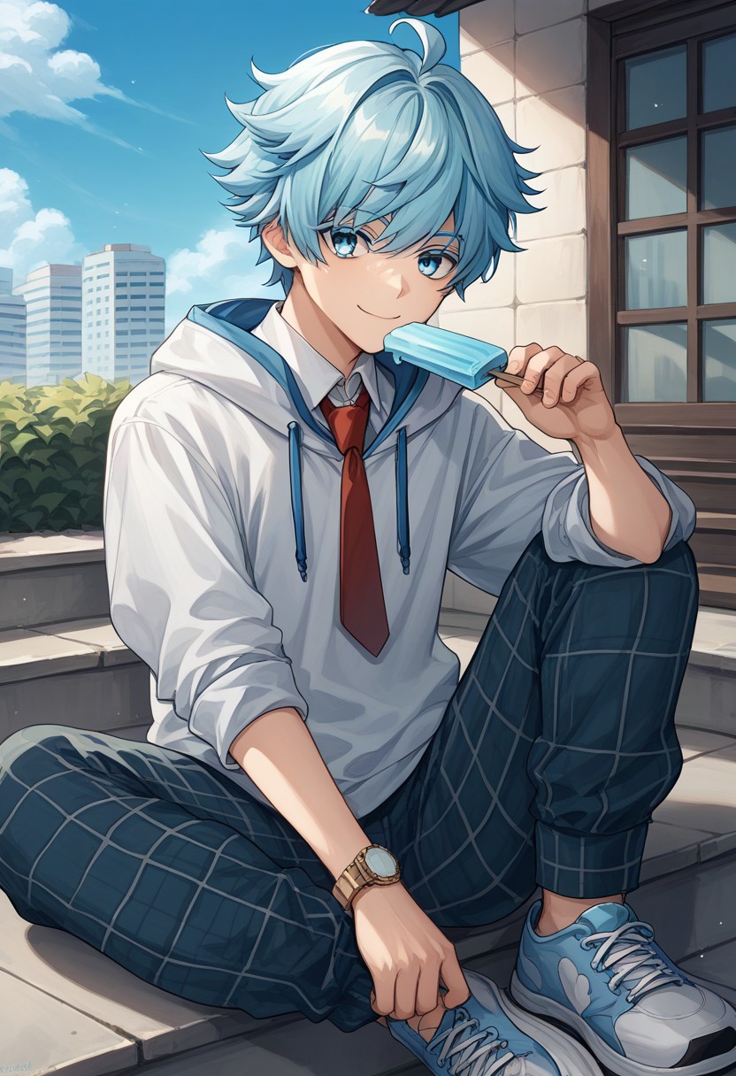 score_9, score_8_up, score_7_up, source_anime, highly detailed, 
Chongyun, 1boy, male focus, solo, light blue hair, short hair, hair between eyes, bangs, ahoge, blue eyes, hoodie, white hoodie, hood, shirt, white shirt, collared shirt, necktie, red necktie, watch, wristwatch, plaid, plaid pants, pants rolled up, sneakers, bandages, bandaged leg, sneakers
holding, holding food, holding popsicle, popsicle, blue popsicle, smile, closed mouth.
outdoor, sky, building, contemporary, stairs, sit,