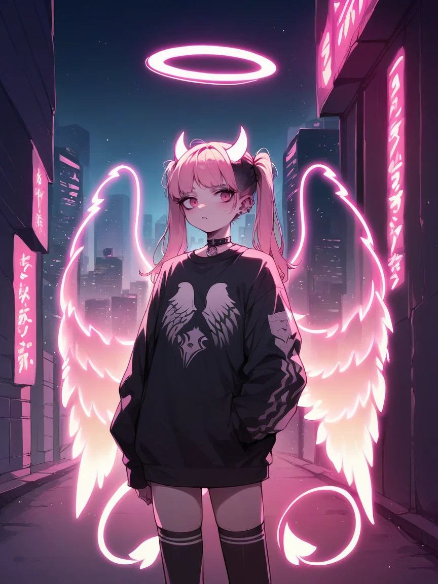 score_9, score_8_up, score_7_up, score_6_up, score_5_up, source_anime, <lora:n30nw1ngsXLP2:0.8> n30nw1ngs, neon light wings, wings, angel, cityscape, halo, pink, goth, twintails, horns,