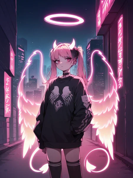 score_9, score_8_up, score_7_up, score_6_up, score_5_up, source_anime, <lora:n30nw1ngsXLP2:0.8> n30nw1ngs, neon light wings, wings, angel, cityscape, halo, pink, goth, twintails, horns,