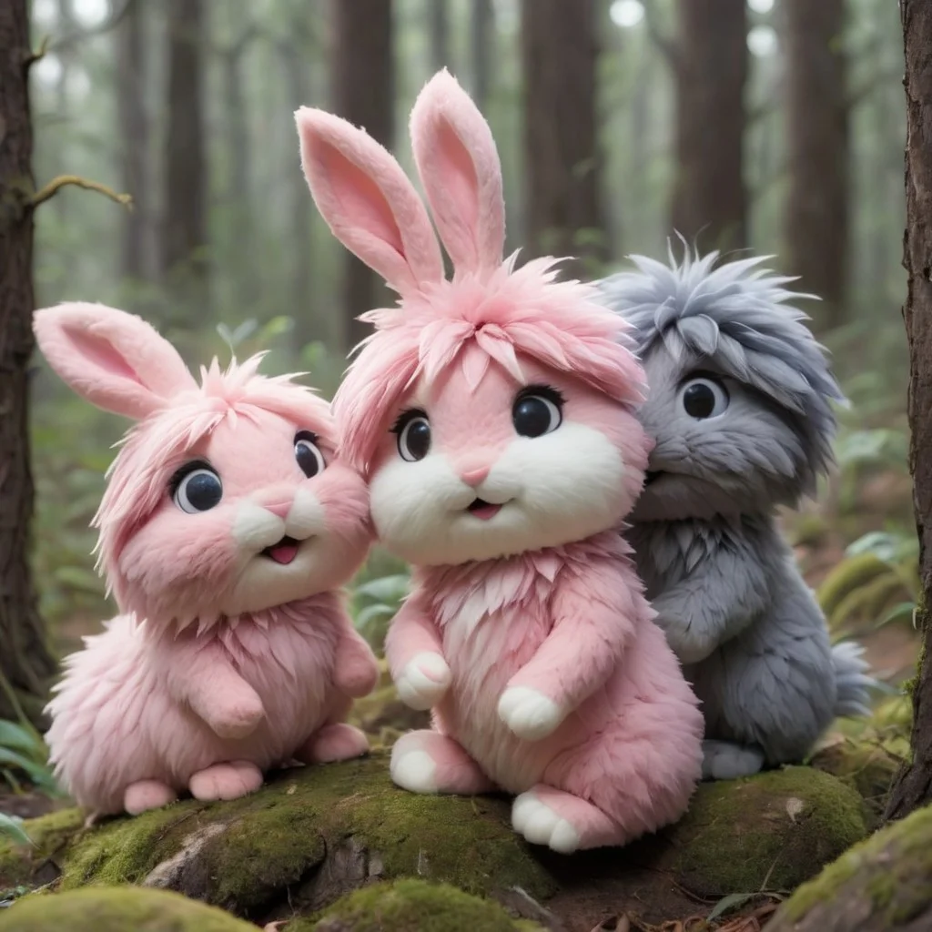 source_anime, Cute wonderful creatures, Microphotography, chibi, cute fluffy rabbits ,pink and grey, in a dreamy forest, ispzxll, In a felt puppet world style,