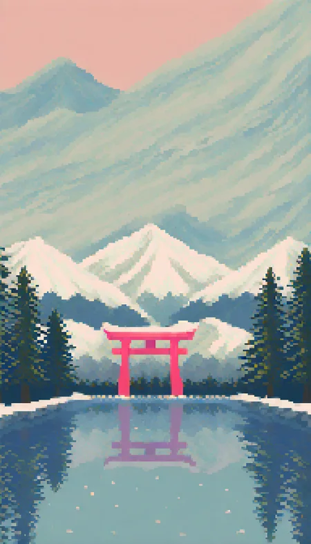 pixel art, by tomoruka mr, torii, solo, outdoors, snow, no humans, 1girl, mountain, tree, water,
masterpiece, best quality, very awa, absurdres
<lora:noobai_epred_11_pixel_art_v1:1>