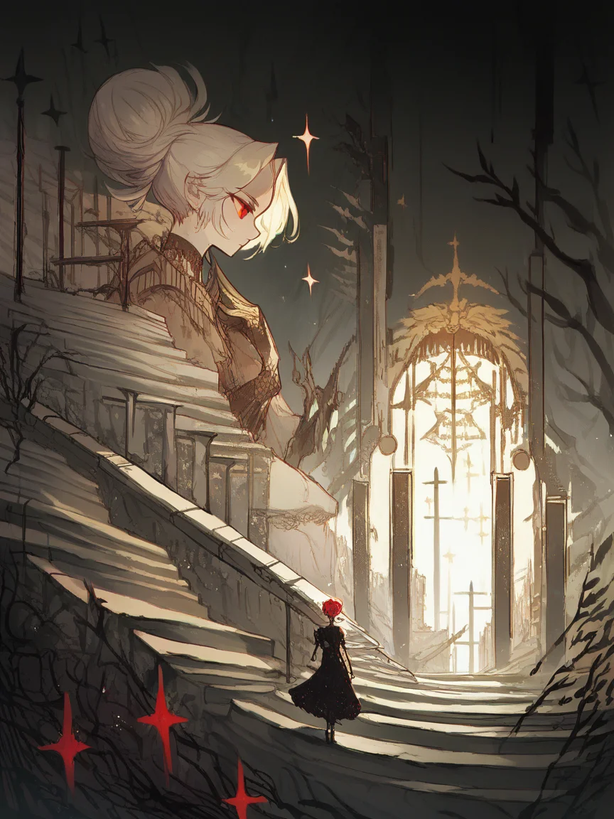 score_9, score_8_up, score_7_up, score_6_up, score_5_up, <lora:kuriXLP:1> kuri, surreal, red eyes, skirt, single hair bun, dress, stairs, architecture, sparkle, 1girl,