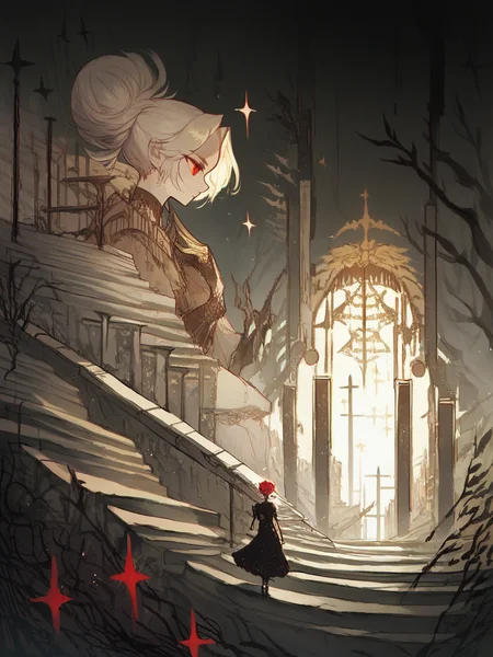score_9, score_8_up, score_7_up, score_6_up, score_5_up, <lora:kuriXLP:1> kuri, surreal, red eyes, skirt, single hair bun, dress, stairs, architecture, sparkle, 1girl,