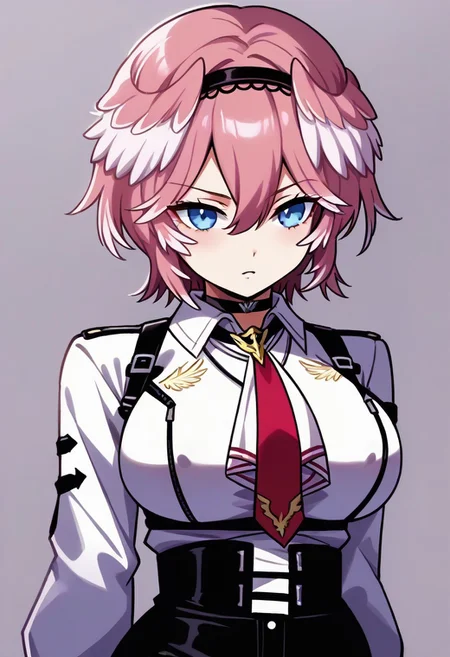 <lora:takane_lui_pony_v01a02_ep08:1> luiFirst, pink hair, short hair, parted hair, double-parted bangs, hair between eyes, black hairband, blue eyes, hair wings, black choker, white shirt, chest harness, breast zipper, red necktie, white ascot, long sleeves, white shirt, black gloves, partially fingerless gloves, thigh strap, high-waist shorts, leather shorts, black shorts, pantyhose, strappy heels, black footwear, wide hips,,,,,,,,,,,,,anime coloring, anime screencap, 1girl,Solo ,, anime,PUFFY nipple,huge breasts,,,official art, Uncensored ,Unedited ,,,,,,,,,,,,,,,,,,,,,,,
