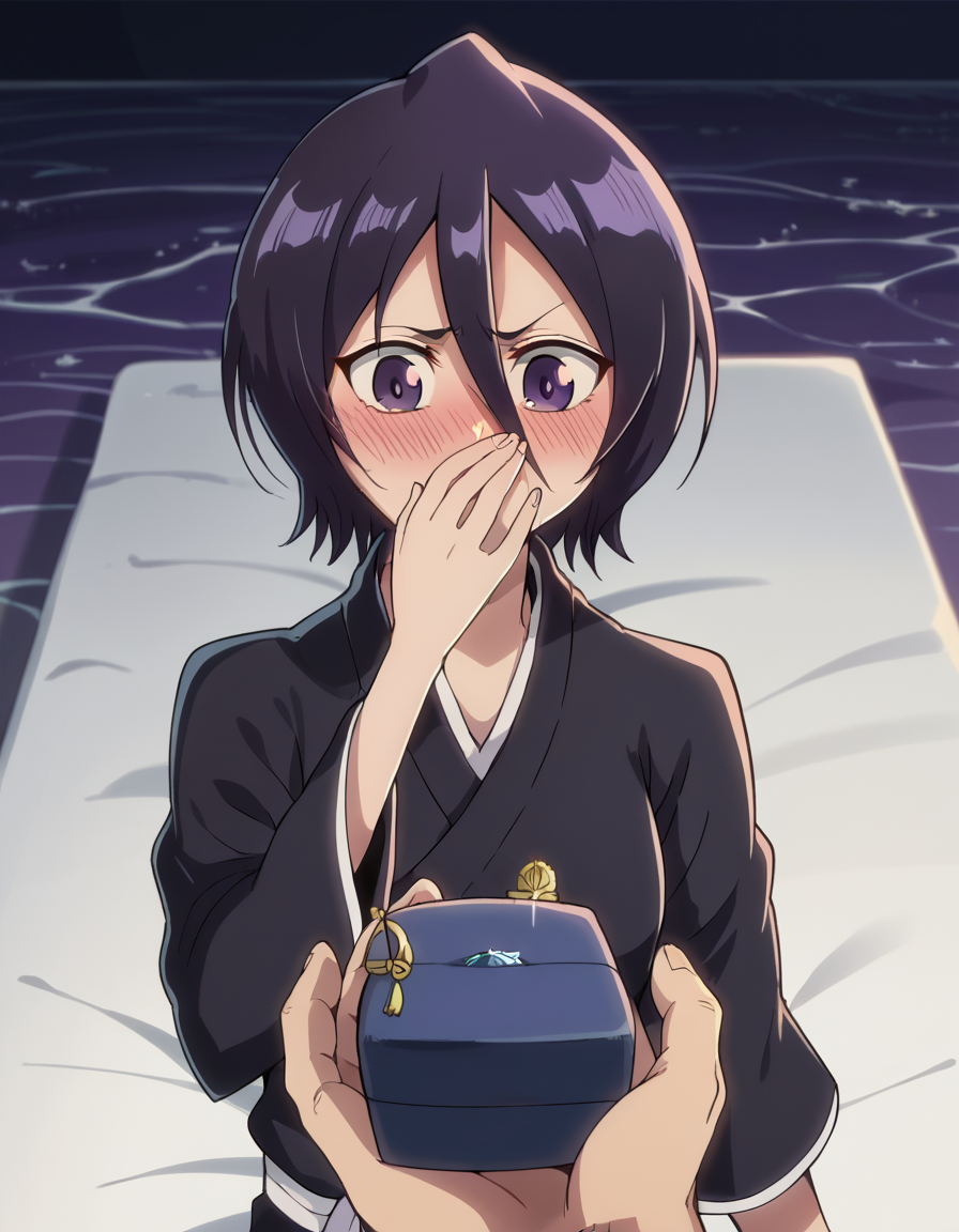 score_9, score_8_up, score_7_up, source_anime, <lora:rukia-kuchiki-tybw-ponyxl-lora-nochekaiser:1>, rukia kuchiki, black hair, hair between eyes, purple eyes, short hair, medium breasts, anime screencap, japanese clothes, kimono, hakama, black kimono, long sleeves, wide sleeves,, jetty, water, boats, dock, narrow, smile, <lora:ring-box-ponyxl-lora-nochekaiser:1>, ring box, holding box, pov, pov hands,, blush, covering mouth, embarrassed, blush, bed room,, looking down, cowboy shot,, looking at viewer, solo,, cowboy shot, solo
