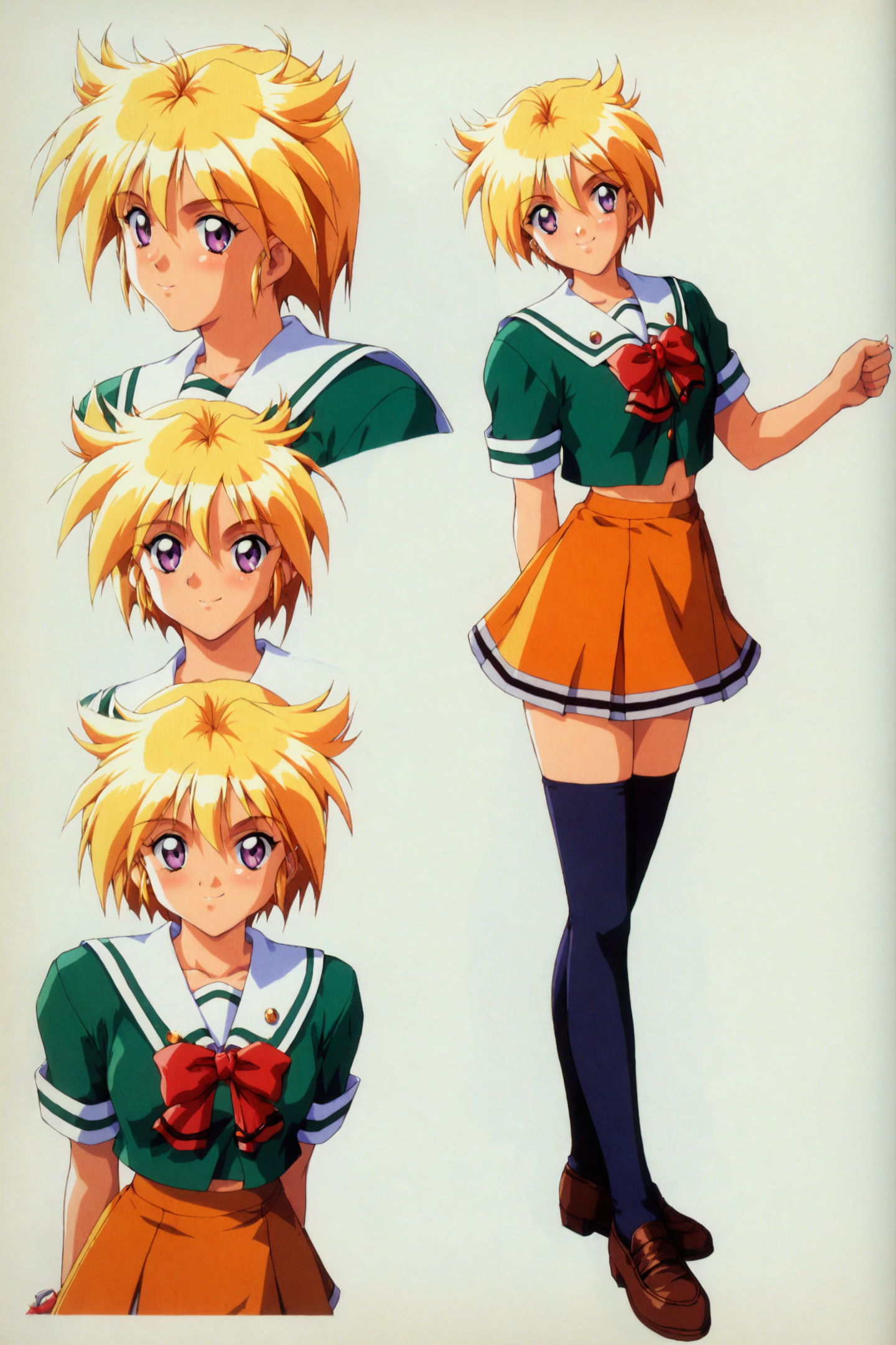 score_9,score_8_up,score_7_up,masterpiece,best quality,
Ijuin Mei,solo,thighhighs,blonde hair,1girl,zettai ryouiki,green shirt,orange skirt,purple eyes,short hair,skirt,red bow,school uniform,retro artstyle,1990s \(style\),simple background,white background,multiple views,
<lora:Tokimeki Memorial 2_XL_PONY:0.8>,